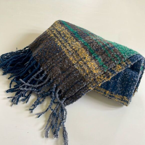 Scarf wrap plaid, extra, large, soft, warm, unisex, navy, taupe, green mustard - Picture 7 of 7